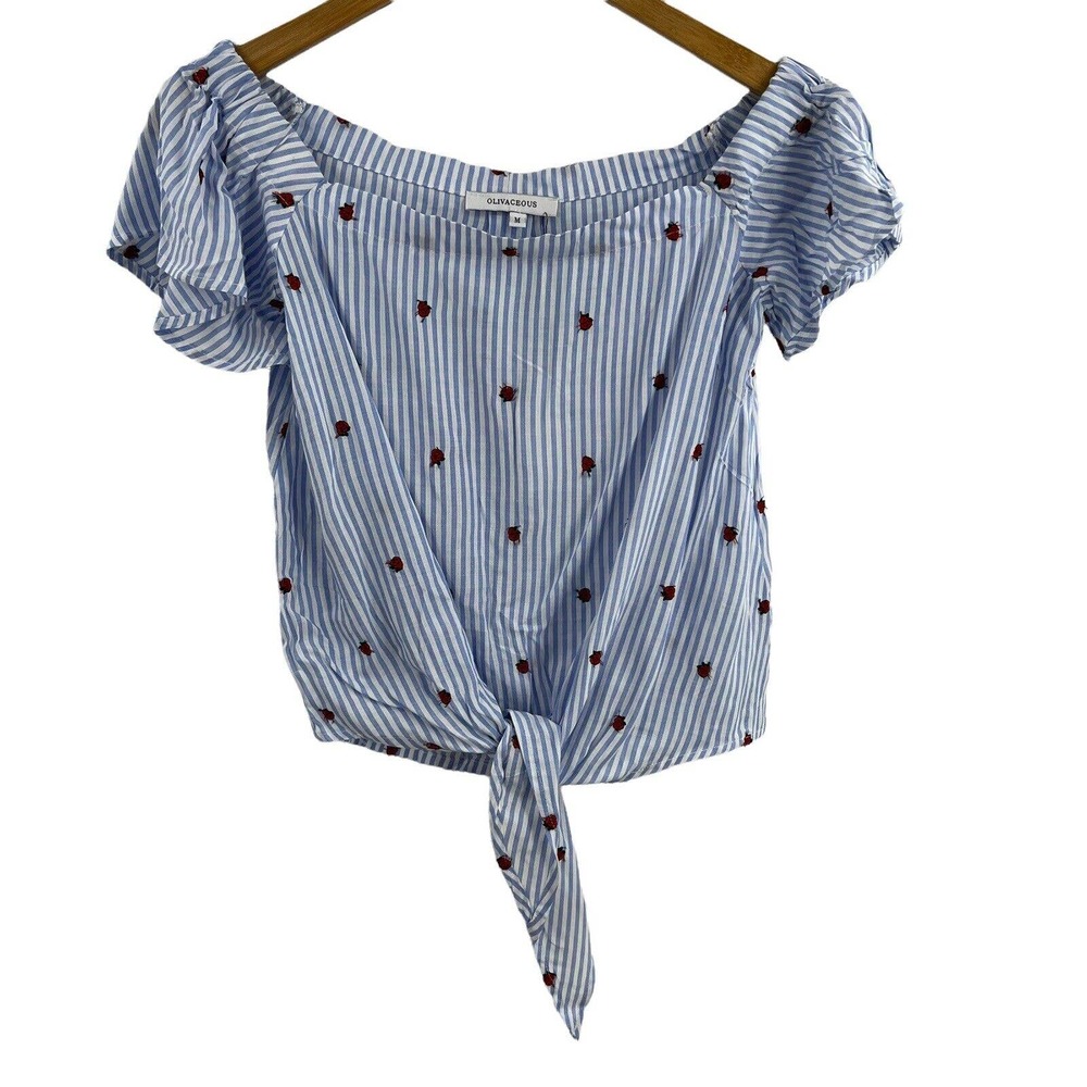Olivaceous Striped‎ With Roses Blouse Blue Size Medium